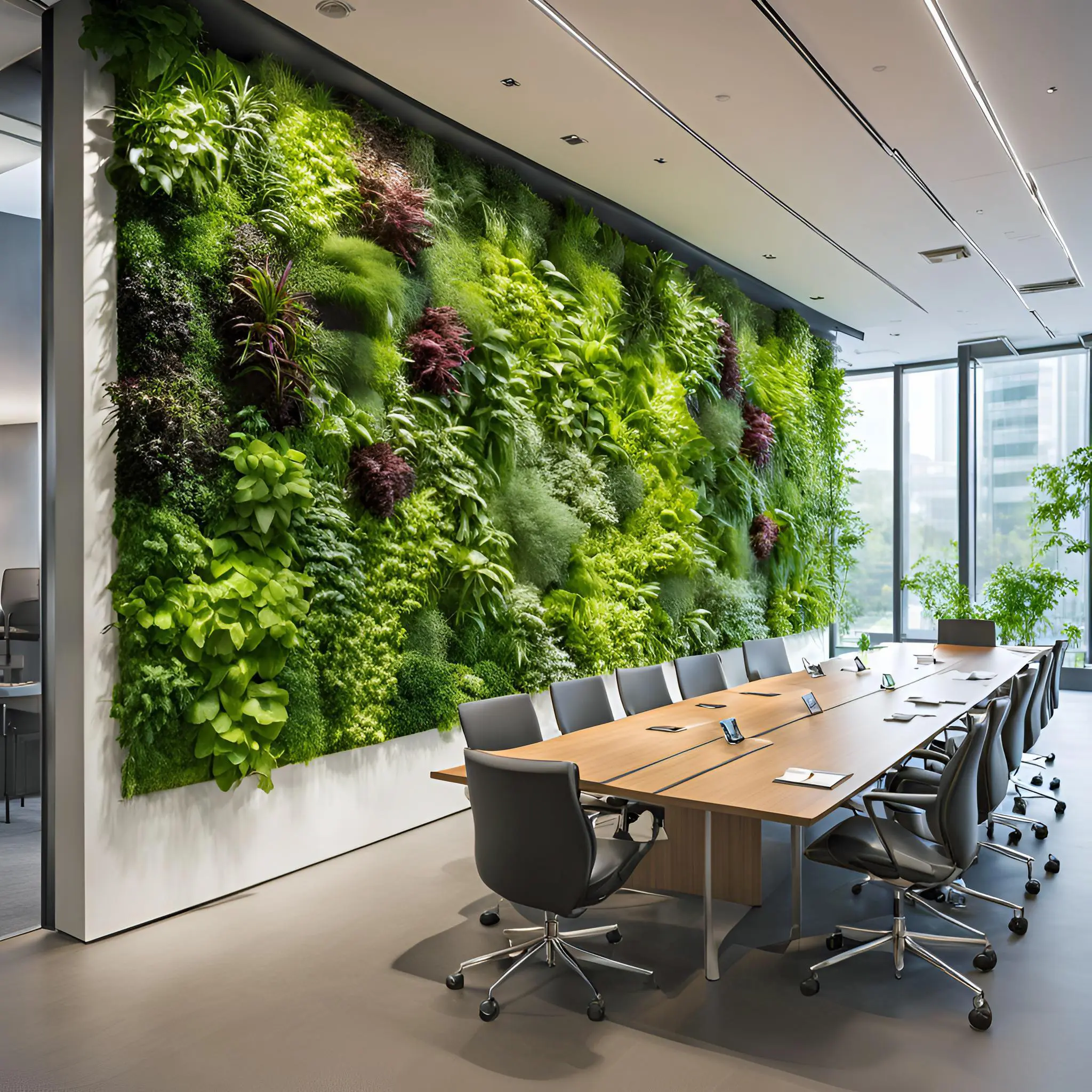 67e582dd29cfe_Living wall pitch to architets (1) A conference room with a table and chairs, plants on the wall.